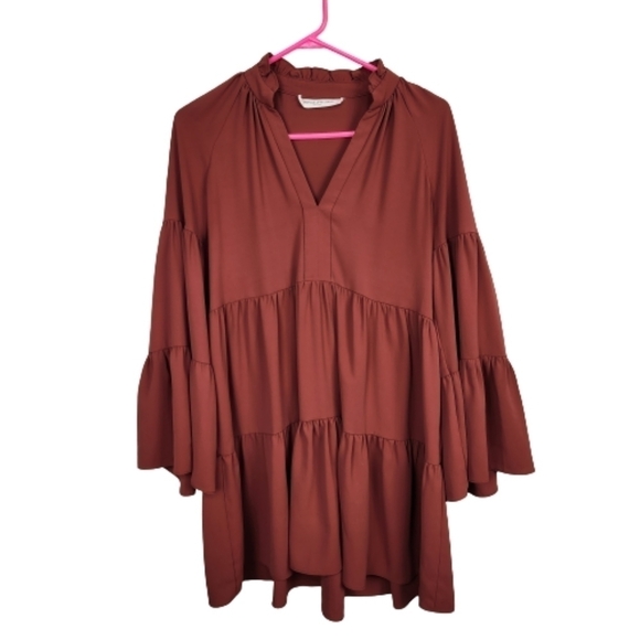 Amanda Uprichard Maroon Alexis Bell Sleeve Mini Dress Size Extra Small - Picture 1 of 8